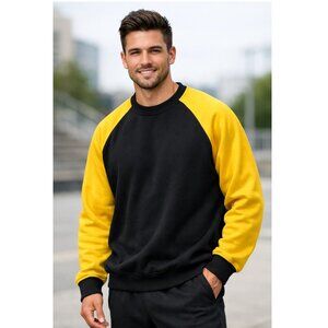 Color Block Sweatshirt Crew Neck Yellow & Black Pullover Raglan Sleeves